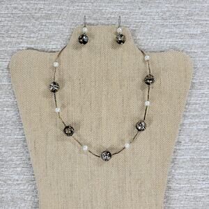 Tensha Bead Freshwater Pearl Jewelry Handpainted Spaced Necklace Earrings Japan